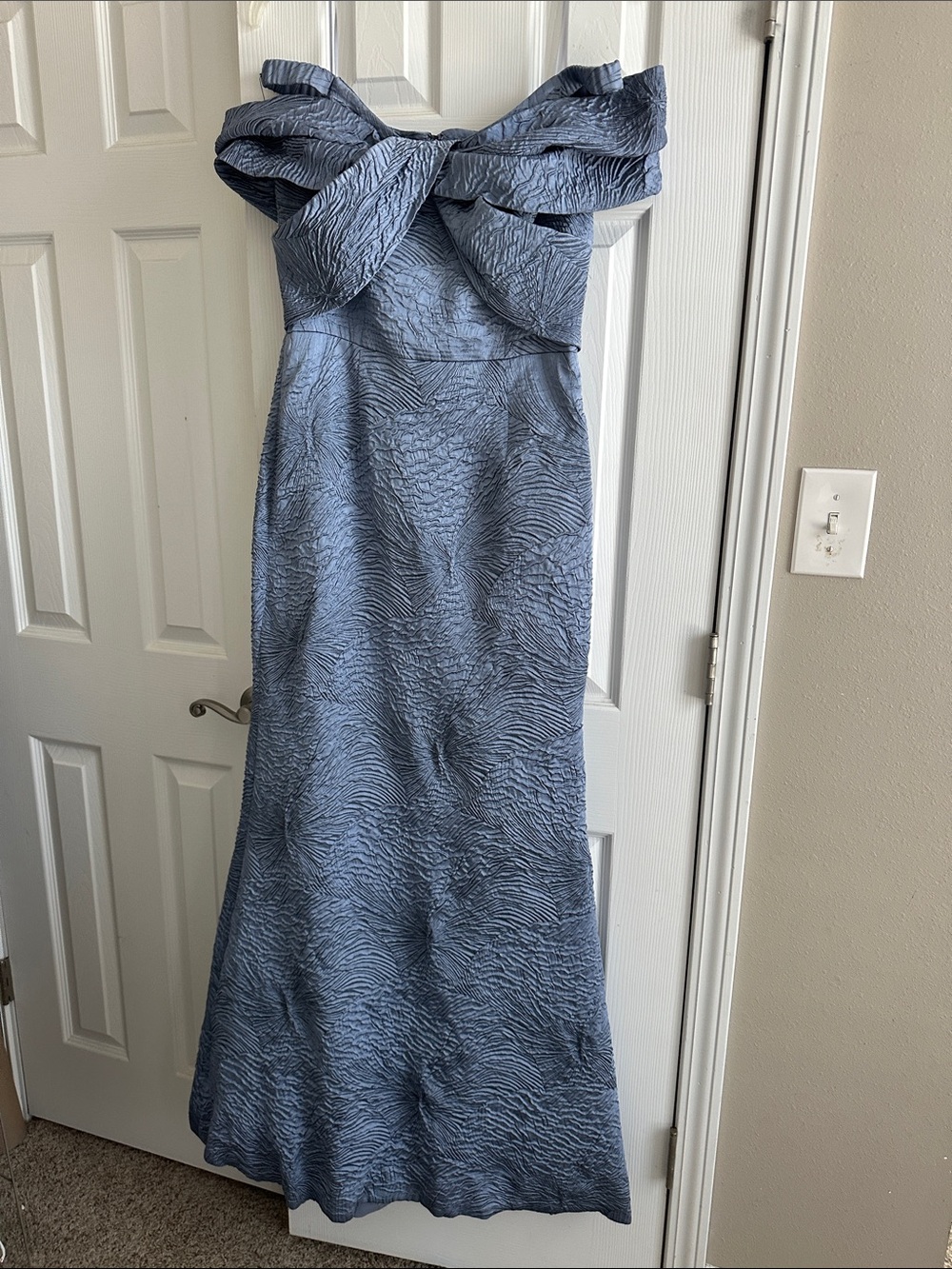 Teri Jon Strapless Textured Slate Blue Gown with Bow